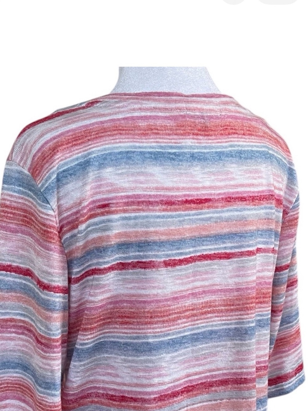 Democracy Pink Blue White Stripes Knit Top Short Sleeves Drawstring Sides, L - Picture 7 of 12